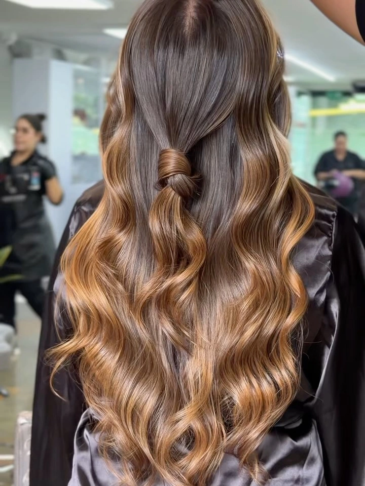 Long brunette waves with wrapped center and caramel ends