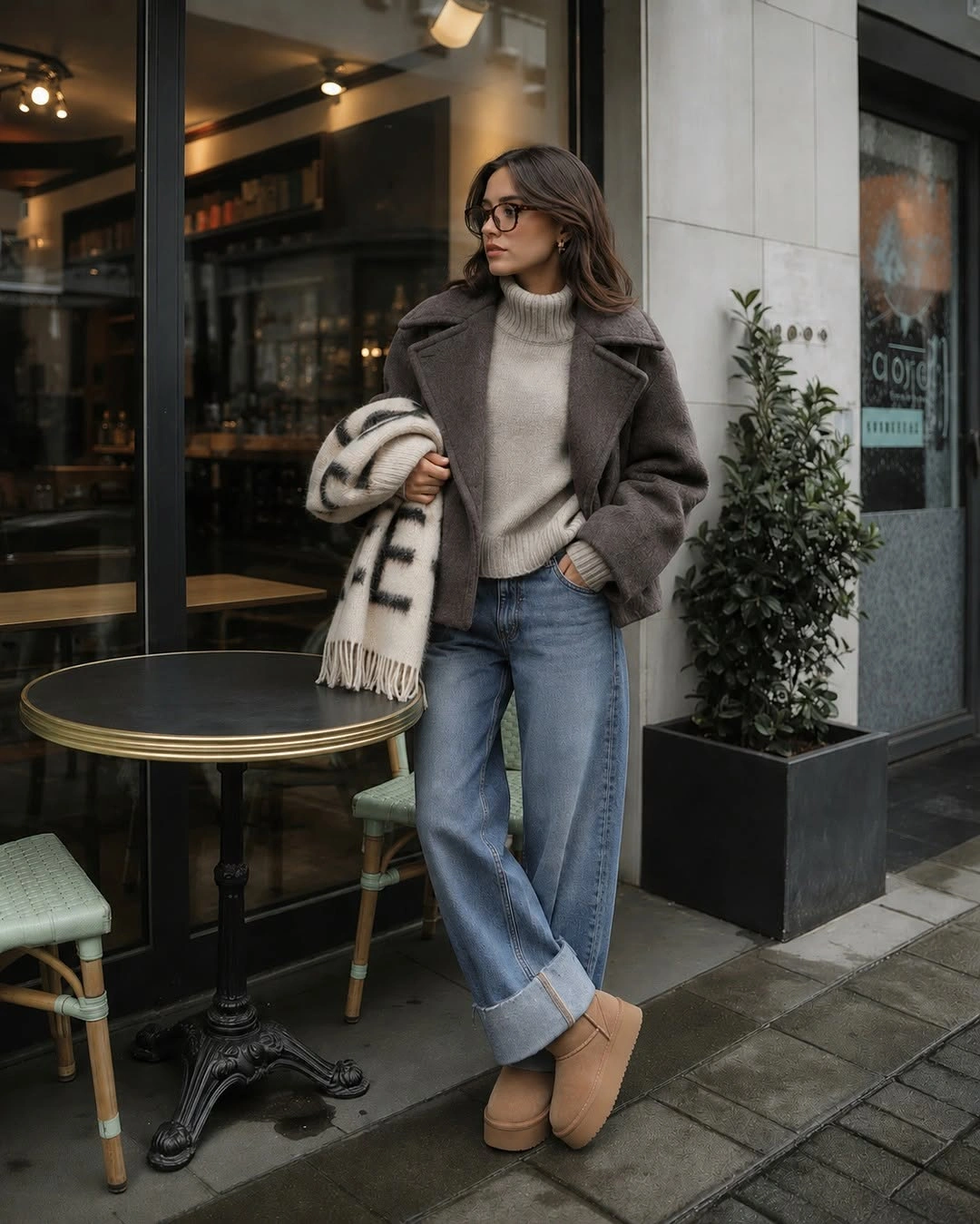 Brown coat, gray turtleneck, cuffed blue jeans, tan boots, and striped scarf over one arm.