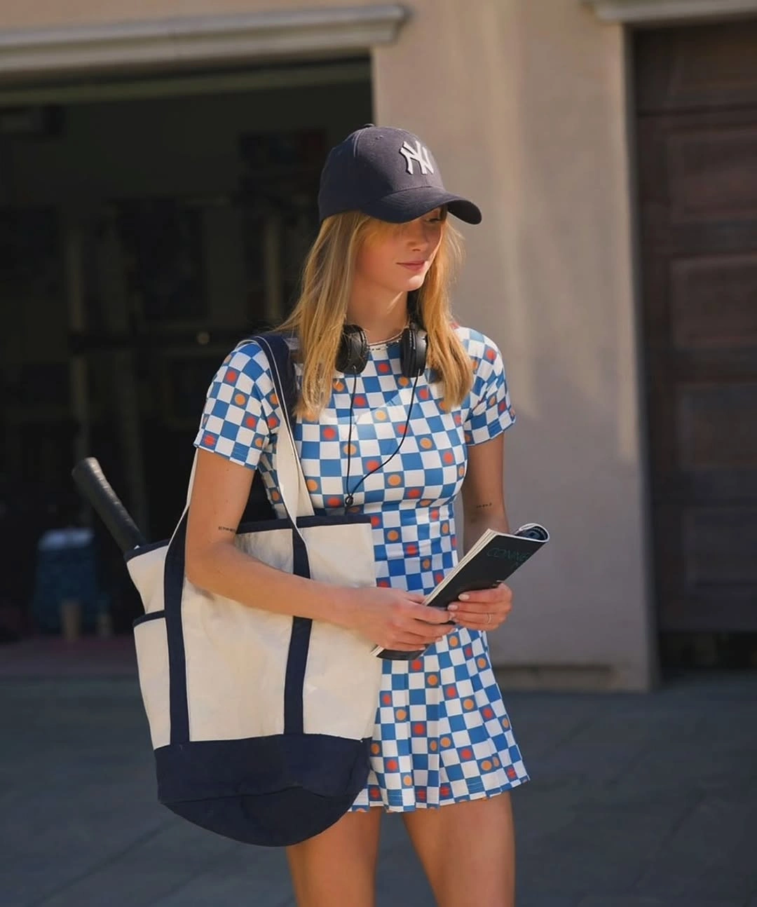 Navy checkerboard padel set with cap and large matching tote