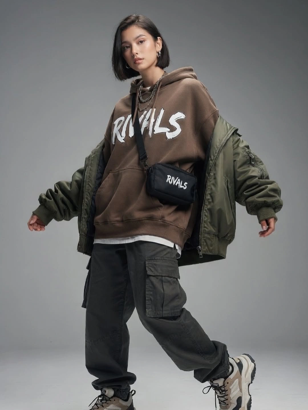 Olive oversized jacket over brown graphic hoodie with black cargo pants and chunky sneakers