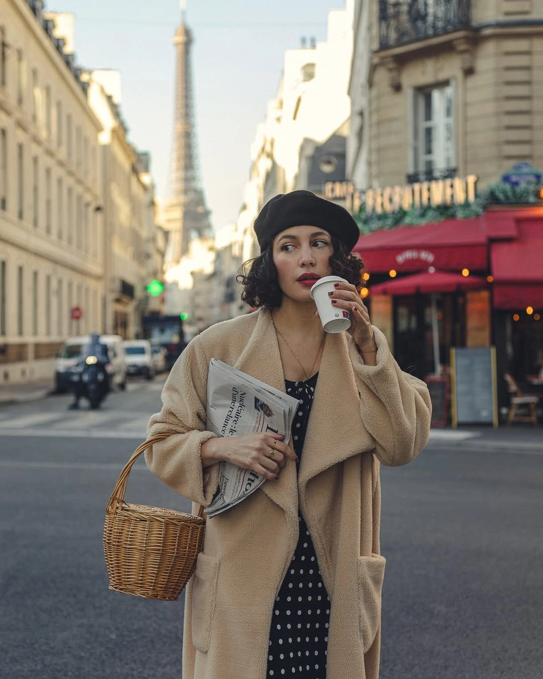 Soft cream coat with black beret and dotted dress