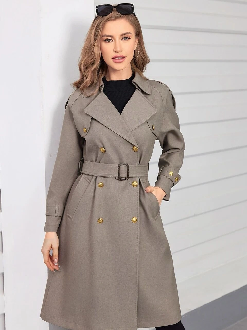 Taupe belted trench-style coat with gold-tone buttons