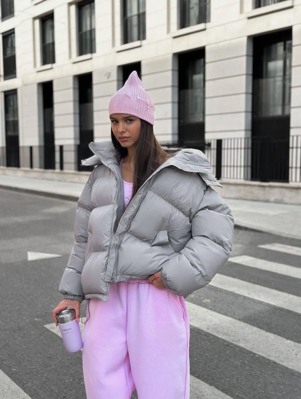 Light gray puffer with pink beanie and sweatpants
