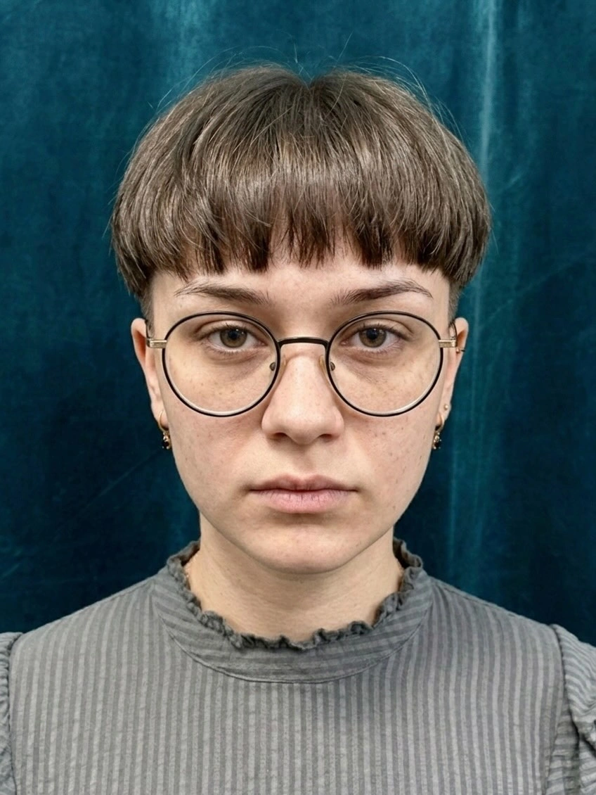 Rounded short crop with straight bangs and compact sides