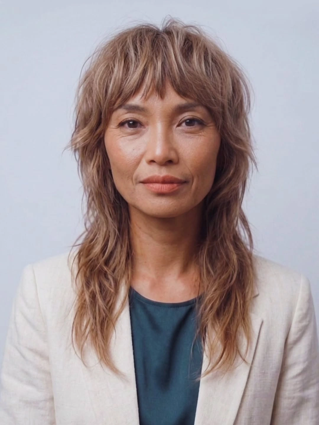 Medium brown shag with piecey bangs and layered sides