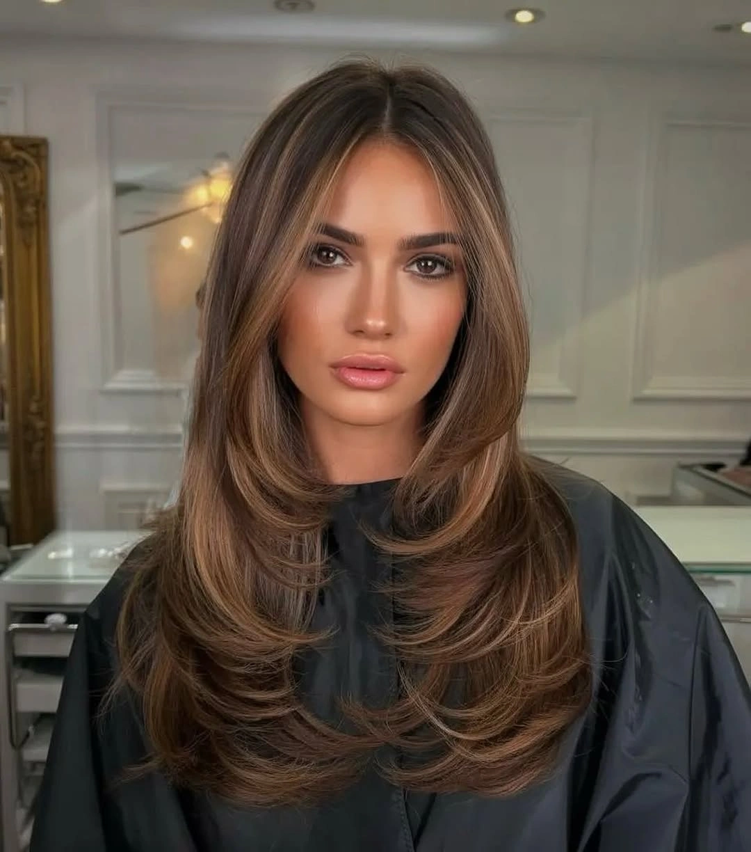 Long brunette layered hairstyle with center part and rounded front pieces