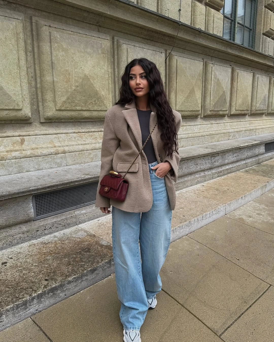Taupe textured blazer-like layer with pale wide jeans