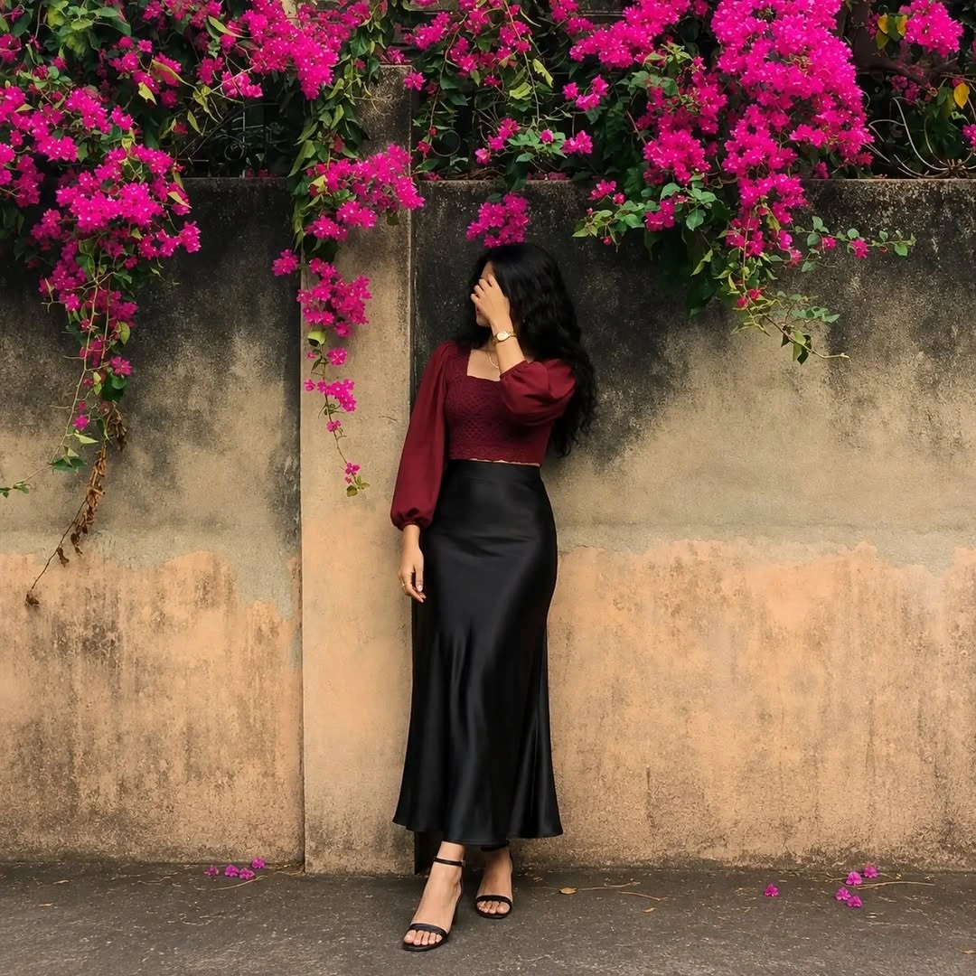 Burgundy fitted top, glossy black long skirt and sandals