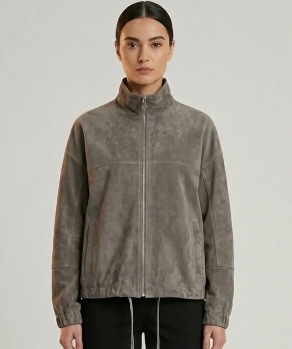 Mottled gray zip-front jacket with black pants