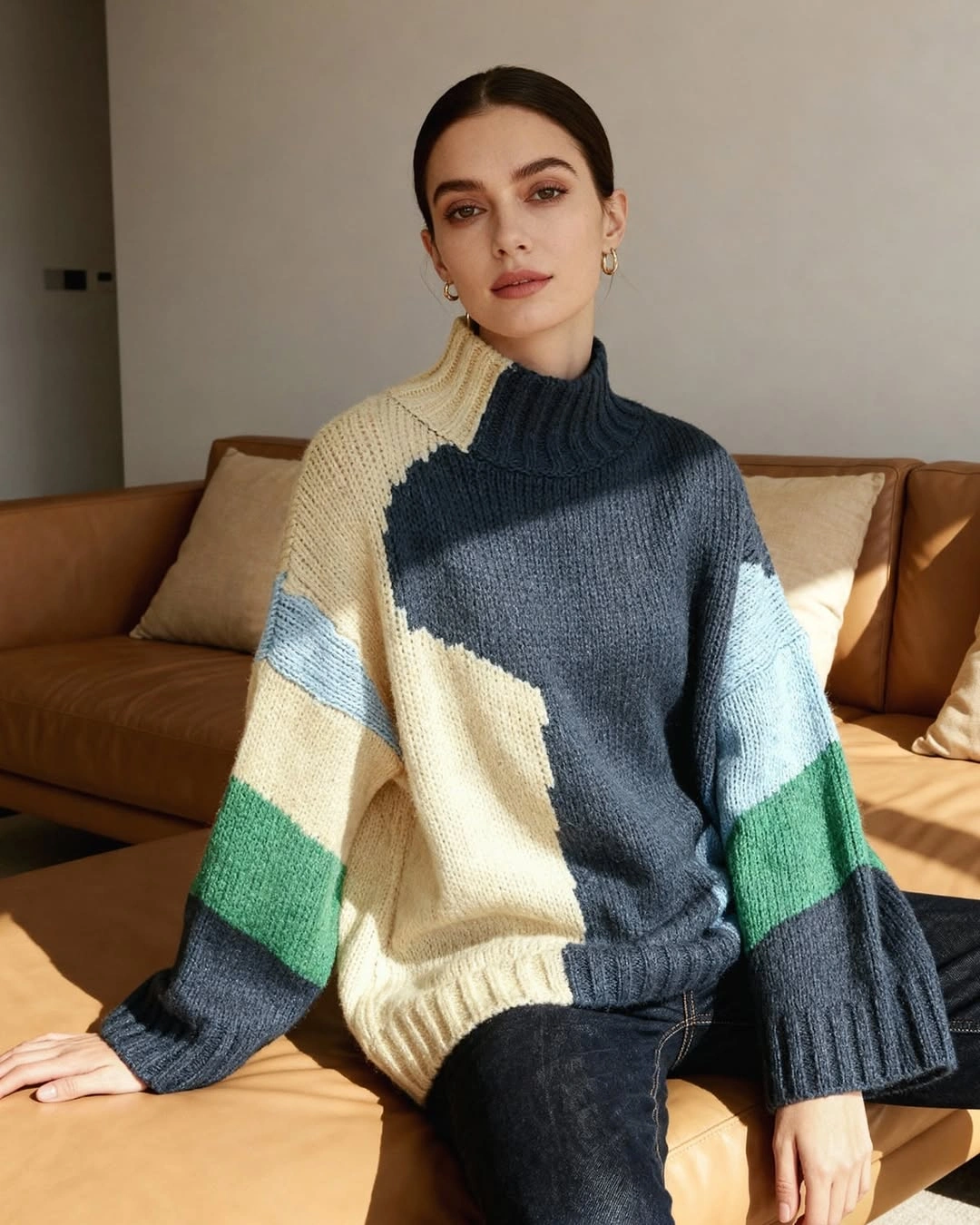 Oversized color-block turtleneck sweater with dark jeans