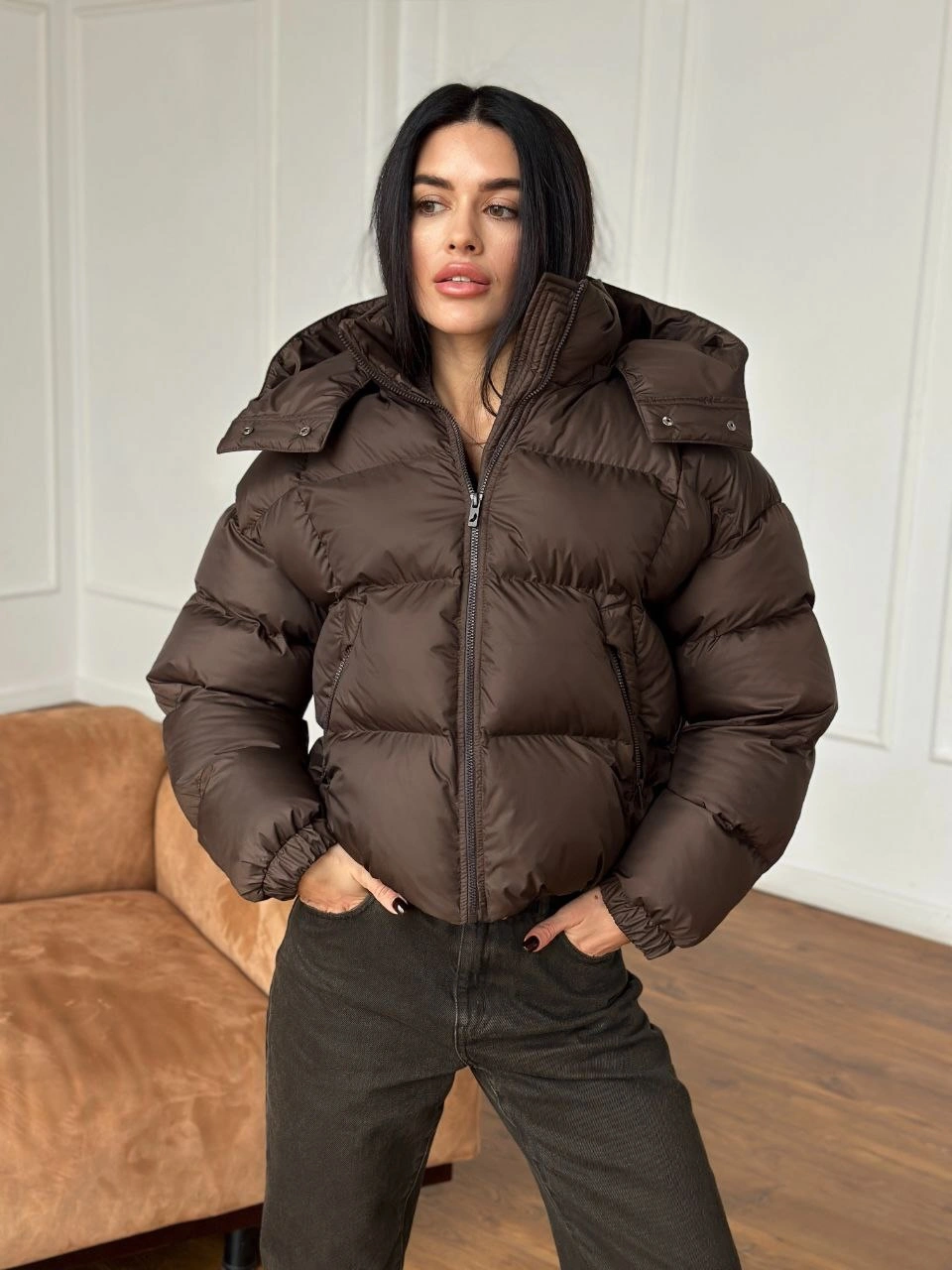 Chocolate brown cropped puffer with dark jeans