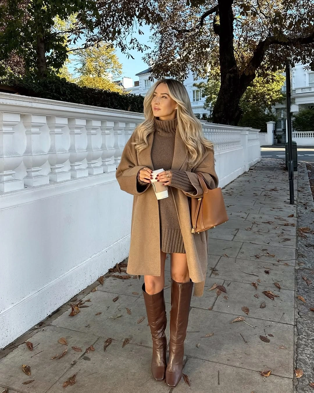 Camel coat with light turtleneck, short dark hem and boots