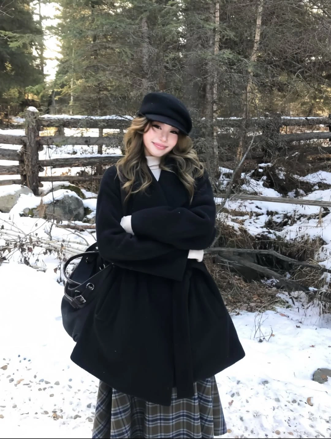 Black winter outerwear with cap, tights and plaid lower layer