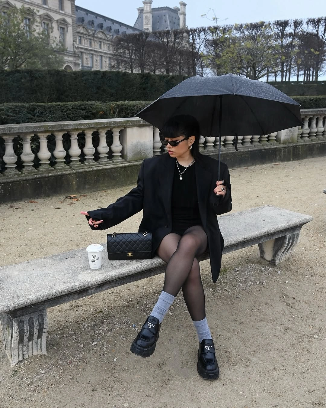 Black umbrella outfit with tights, gray socks and loafers