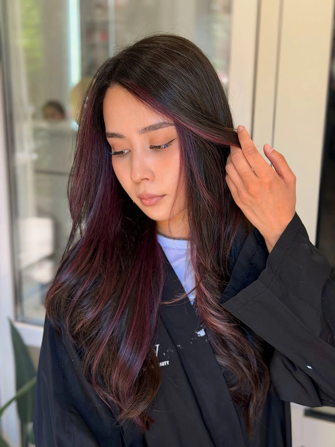 Long dark loose waves with burgundy plum and muted red ribbons