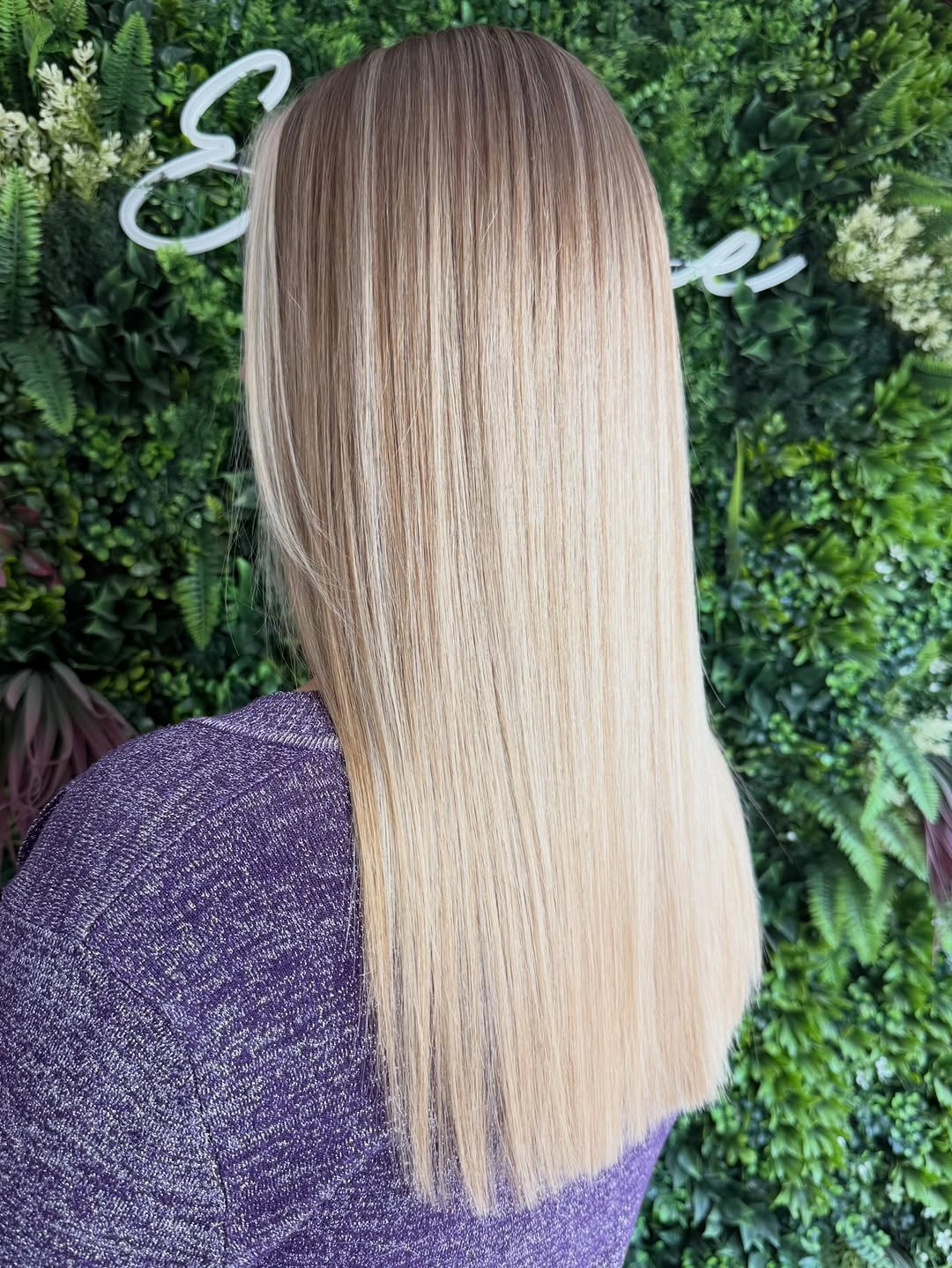 Long straight blonde hair with taupe crown and pale ends
