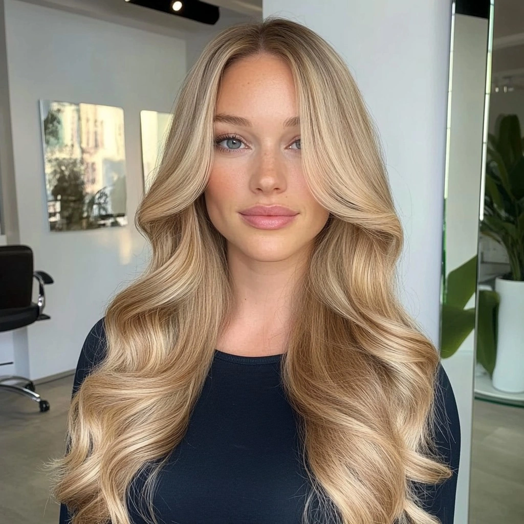 Long champagne blonde waves with brighter face panels
