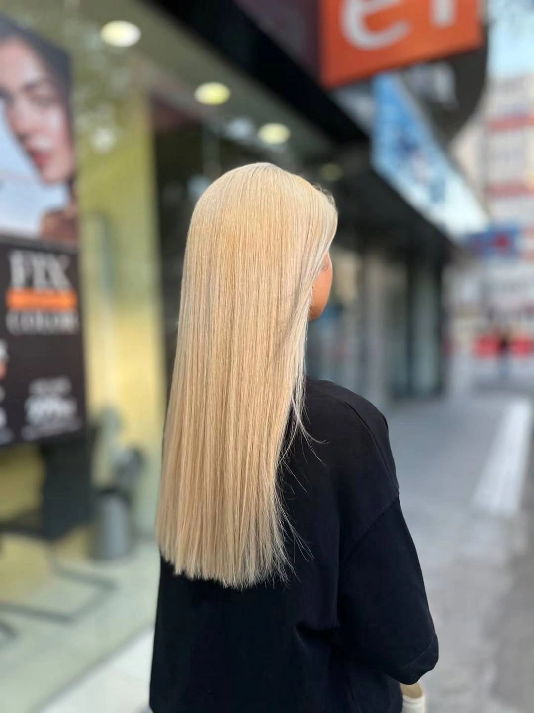 Very long straight pale golden blonde hair