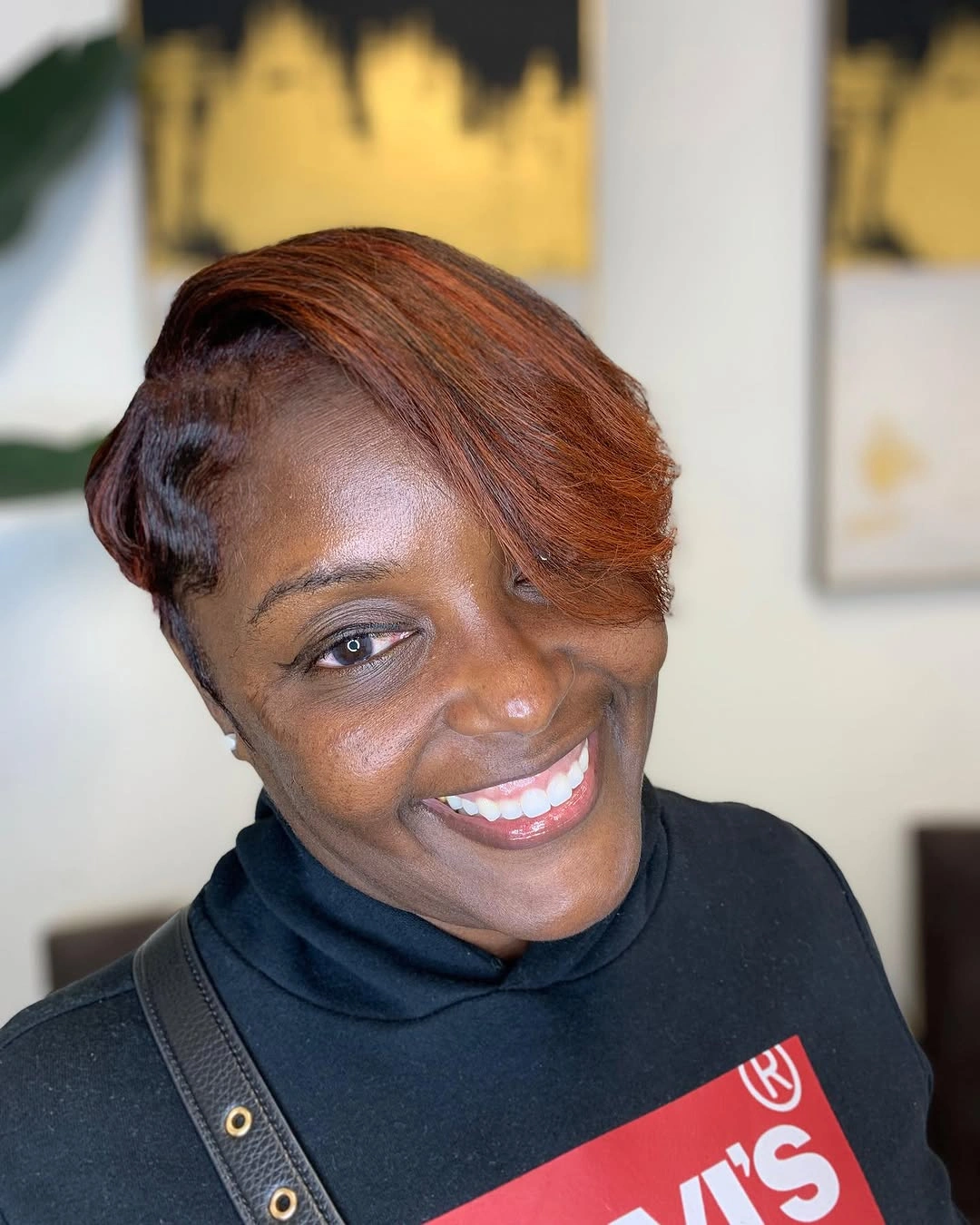 Short side parted copper chestnut hair with darker sides