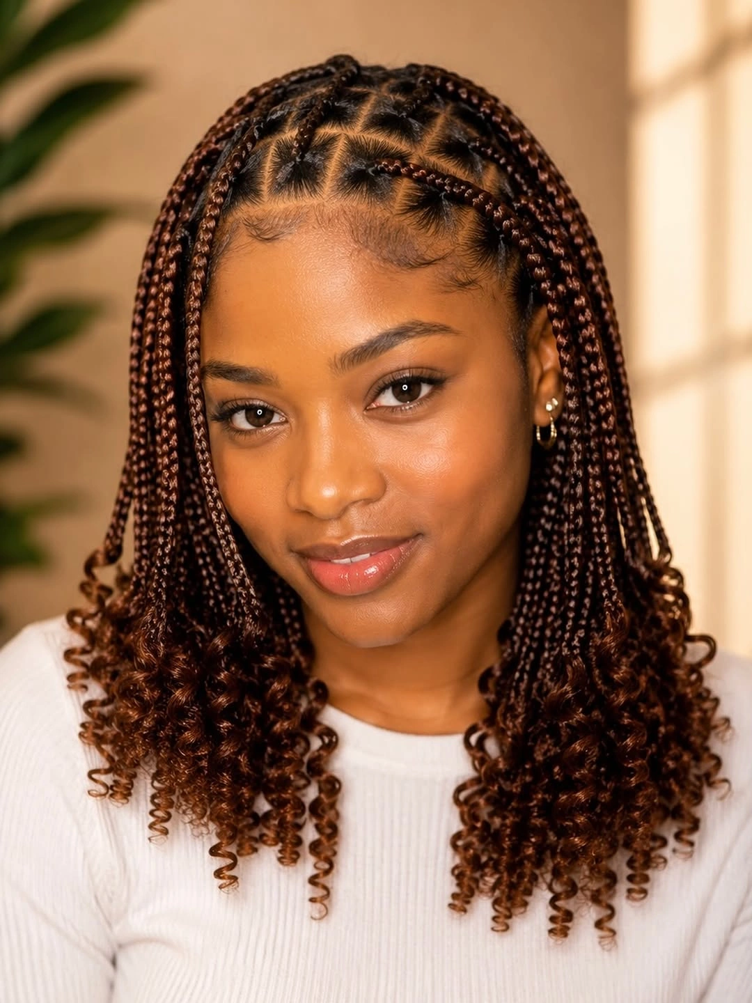 Brown copper small braids with geometric parting and curled ends