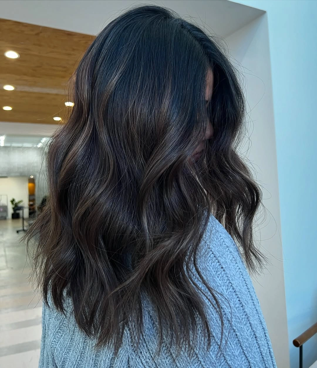 Long dark brunette waves with subtle brown shine