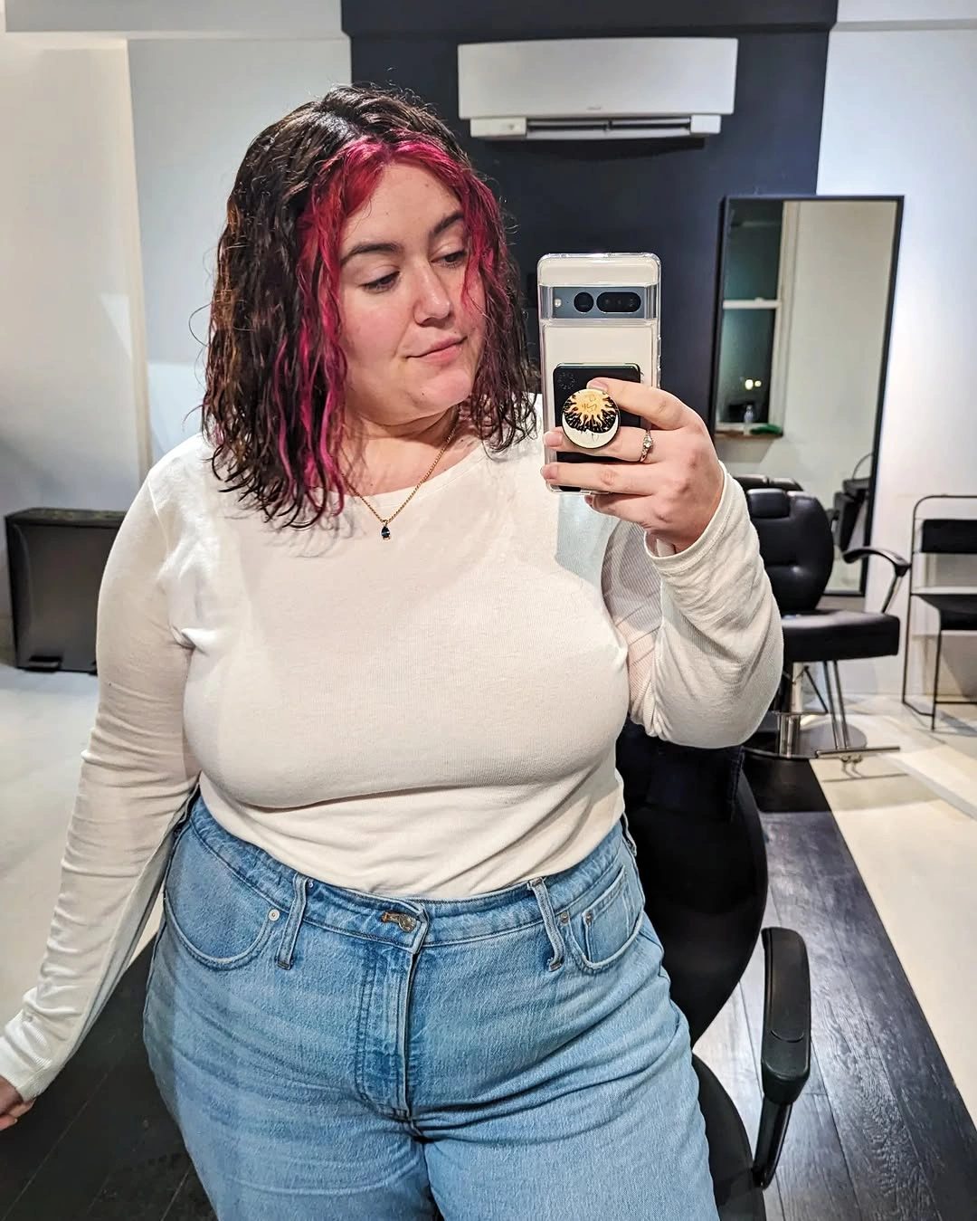Shoulder-length dark waves with magenta front color panels