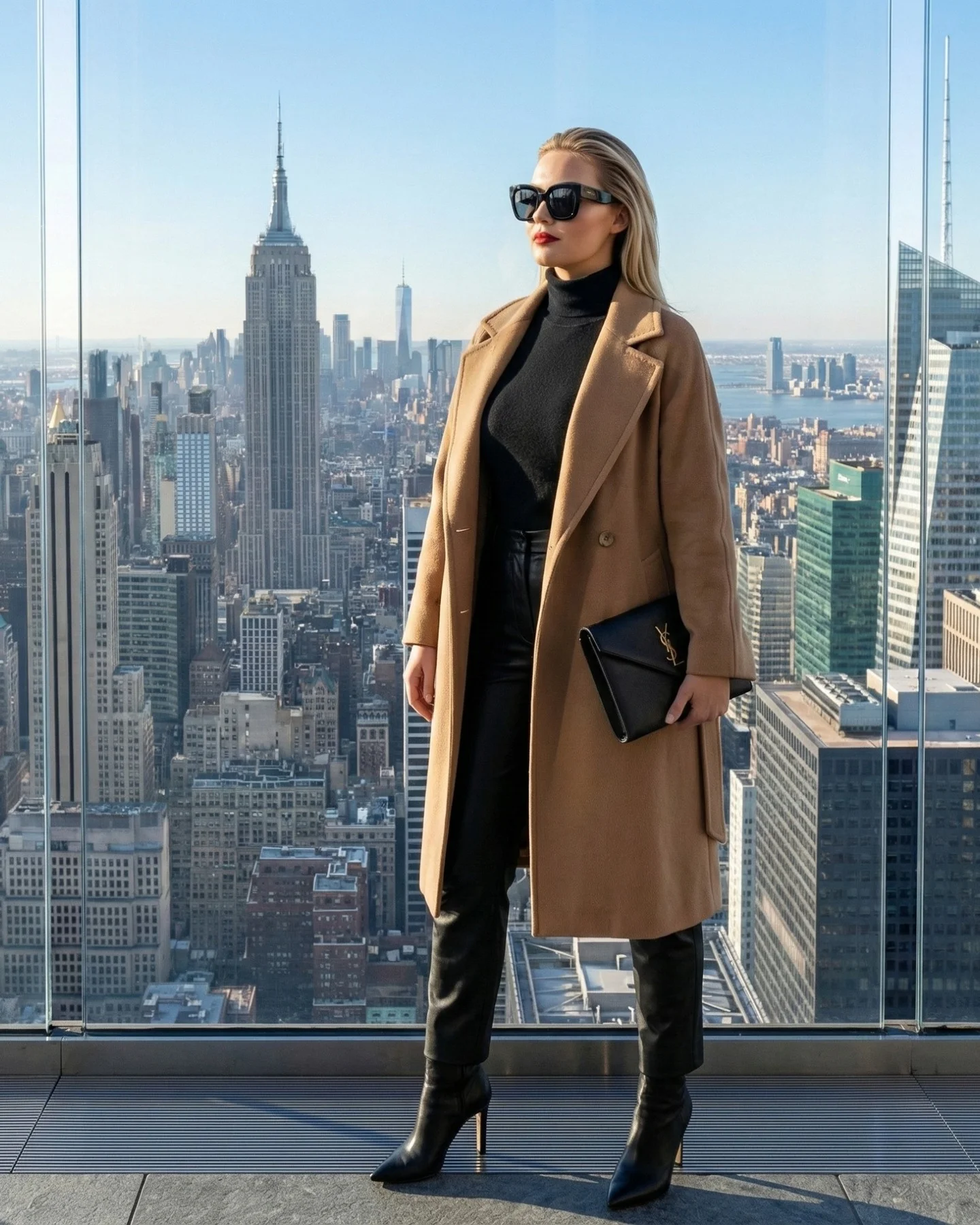 Person in camel coat with black outfit and tall boots