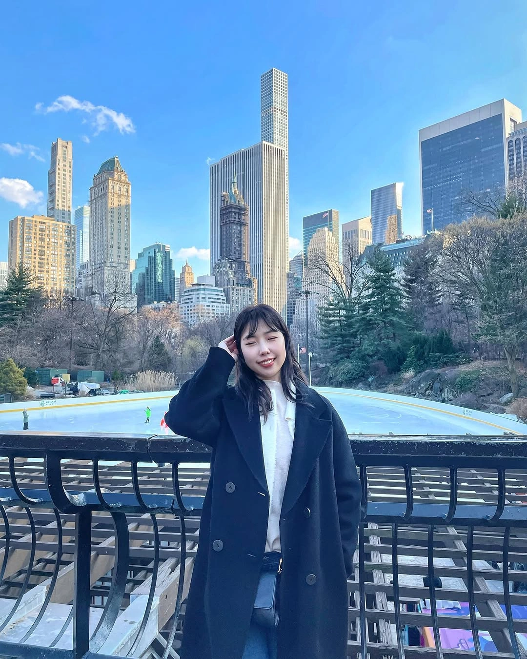 Person in dark double-breasted coat near city skyline railing