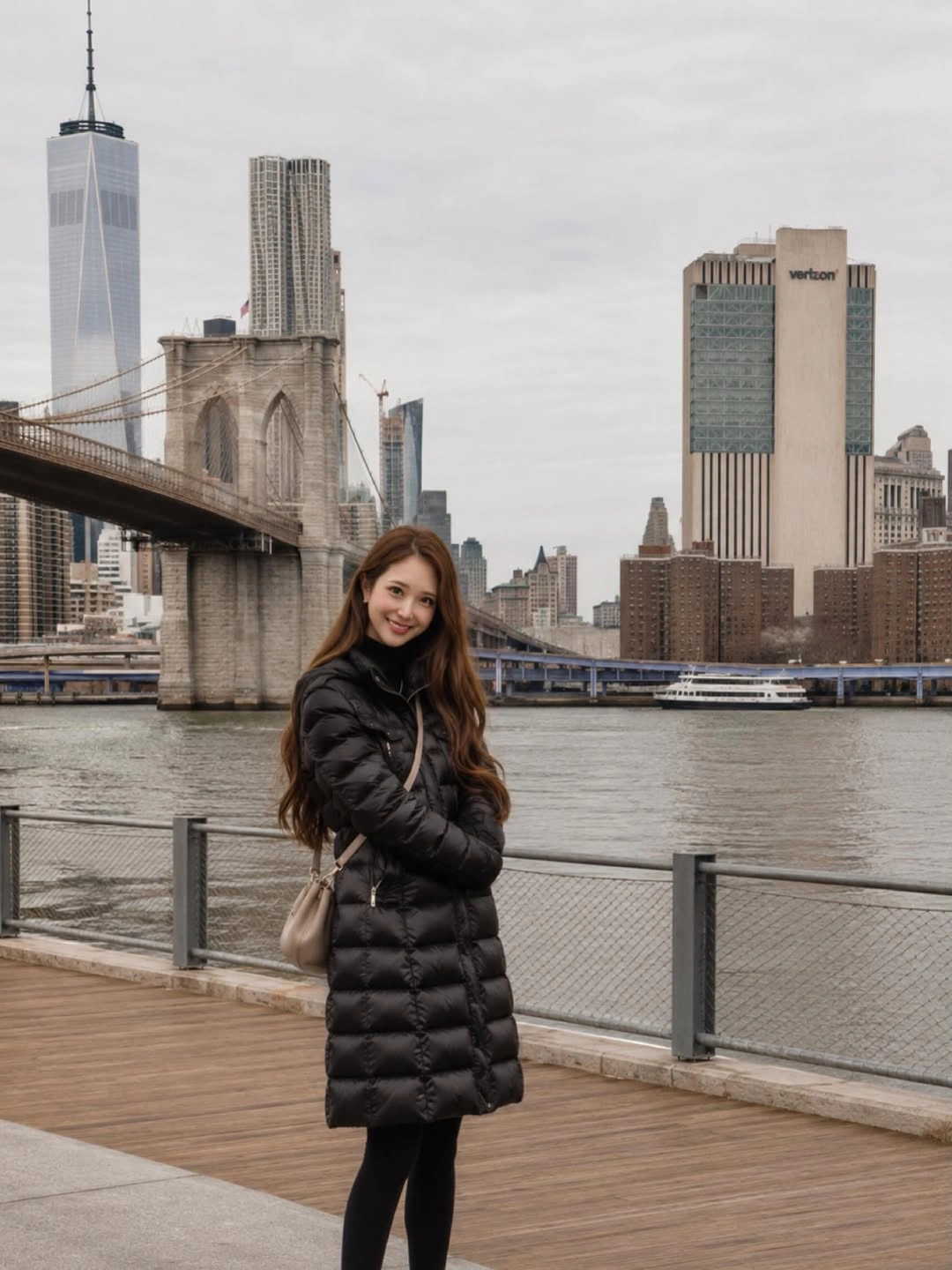 Person in black quilted coat and boots by bridge