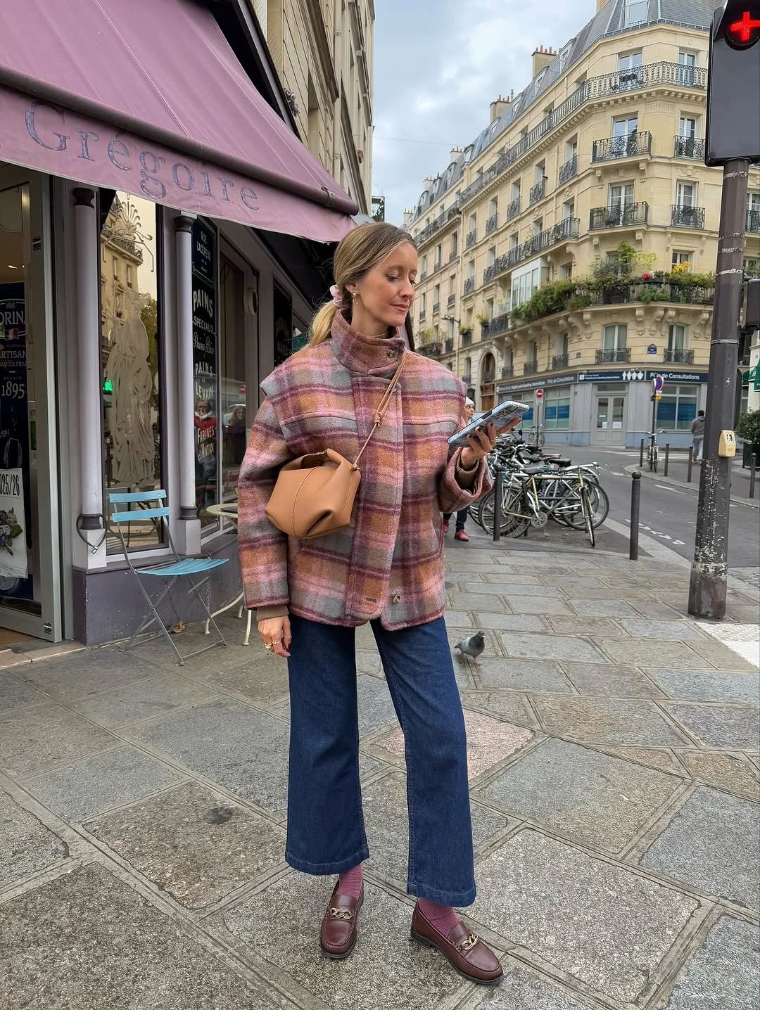 Pink plaid jacket with blue jeans and burgundy loafers