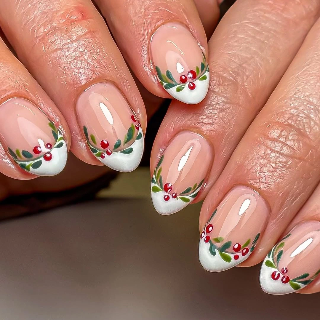 Short nude nails with white tips berries and leaves