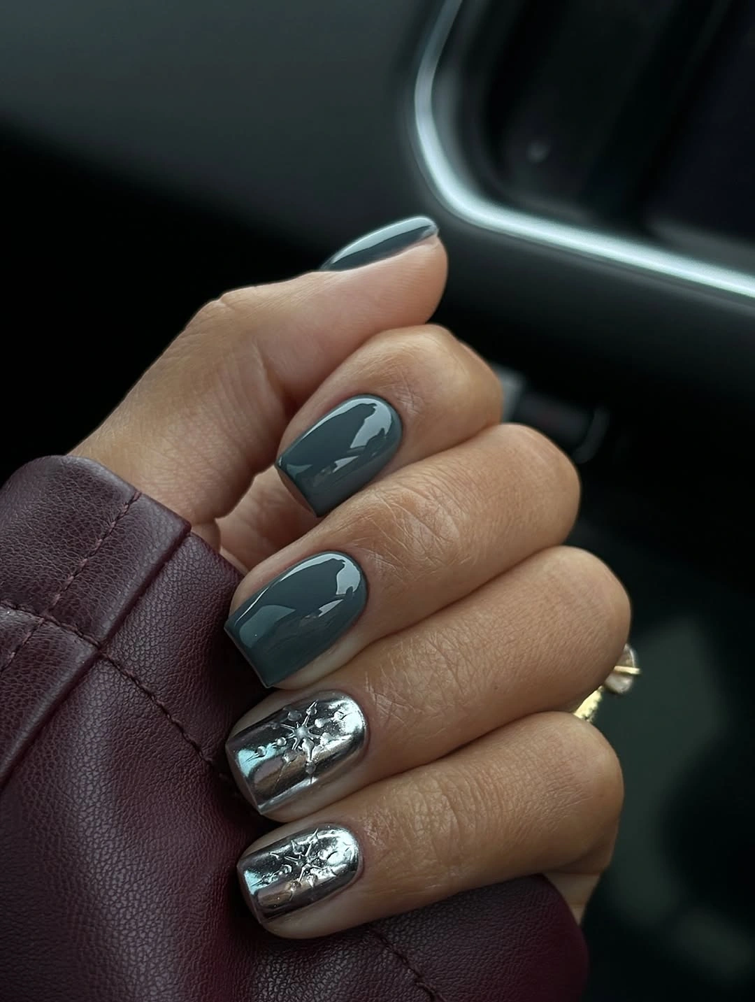 Slate gray-green short nails with metallic silver accents